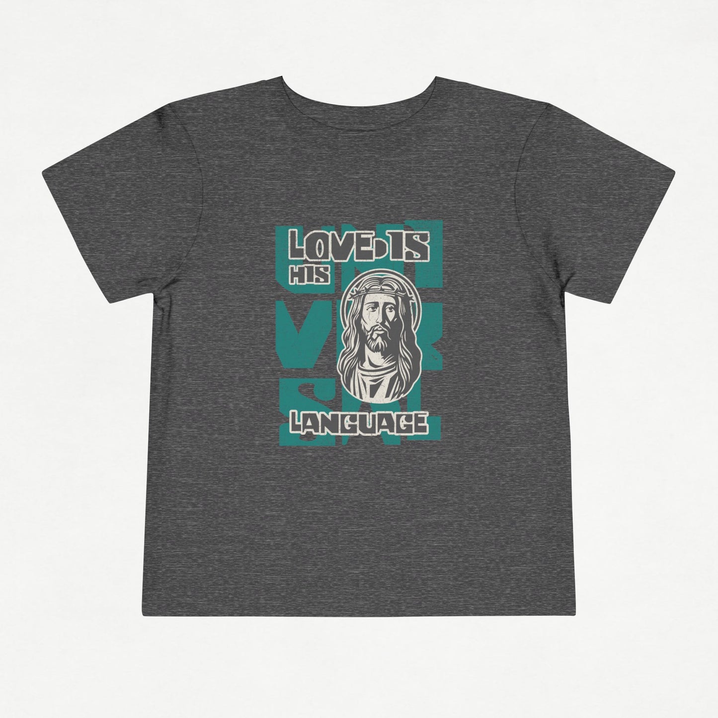 Gray kids unisex christian t-shirt with Jesus and text saying universal love language