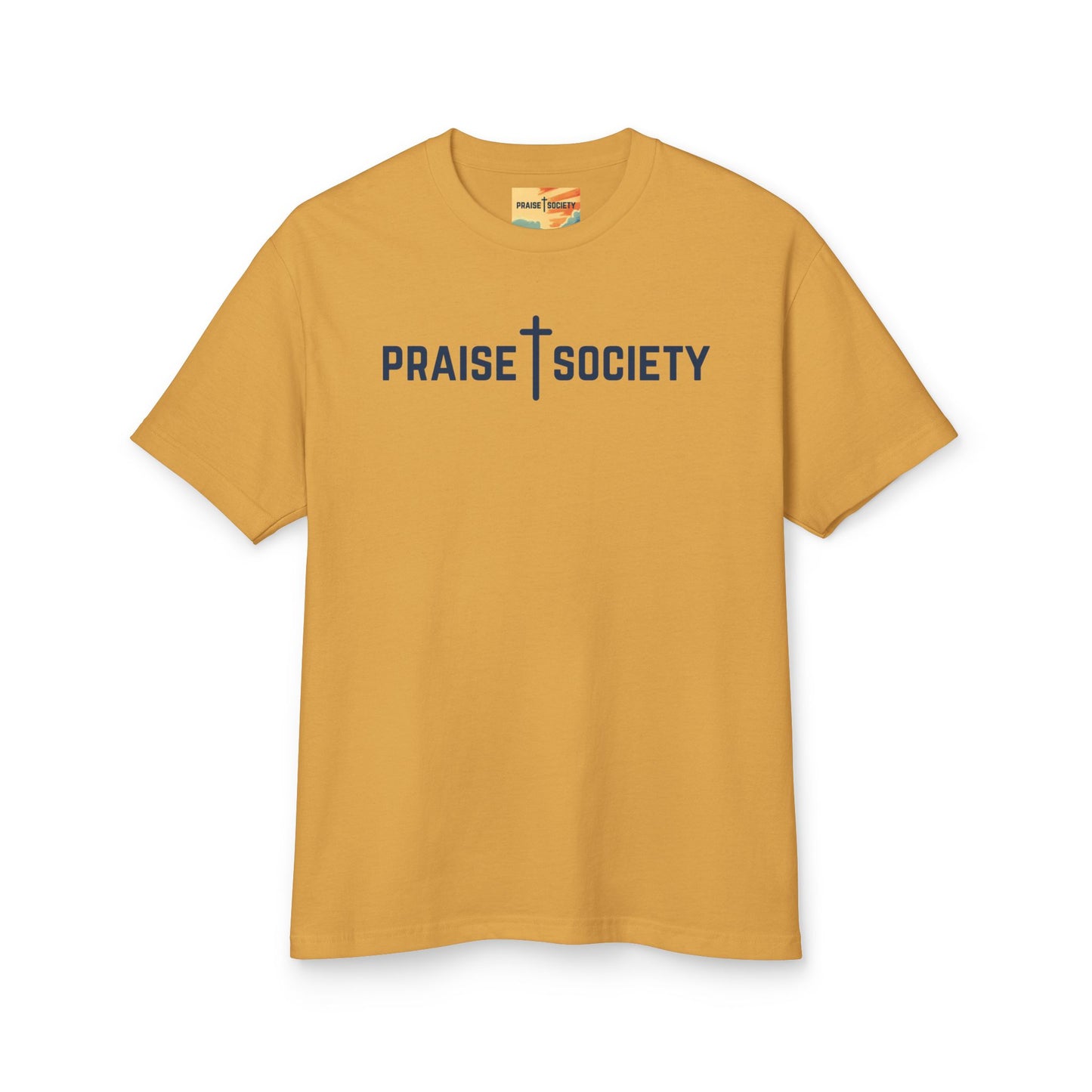 Yellow t-shirt with 'Praise Society' text on a white background