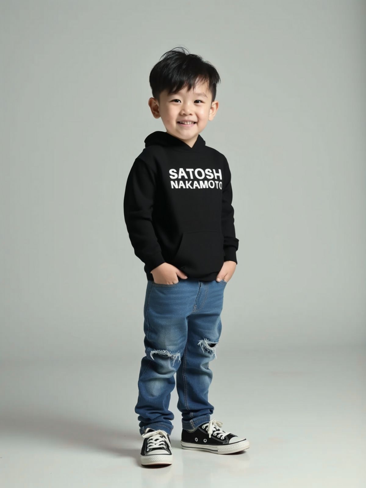 Child wearing a black hoodie with 'Satoshi Nakamoto' text on a gray background