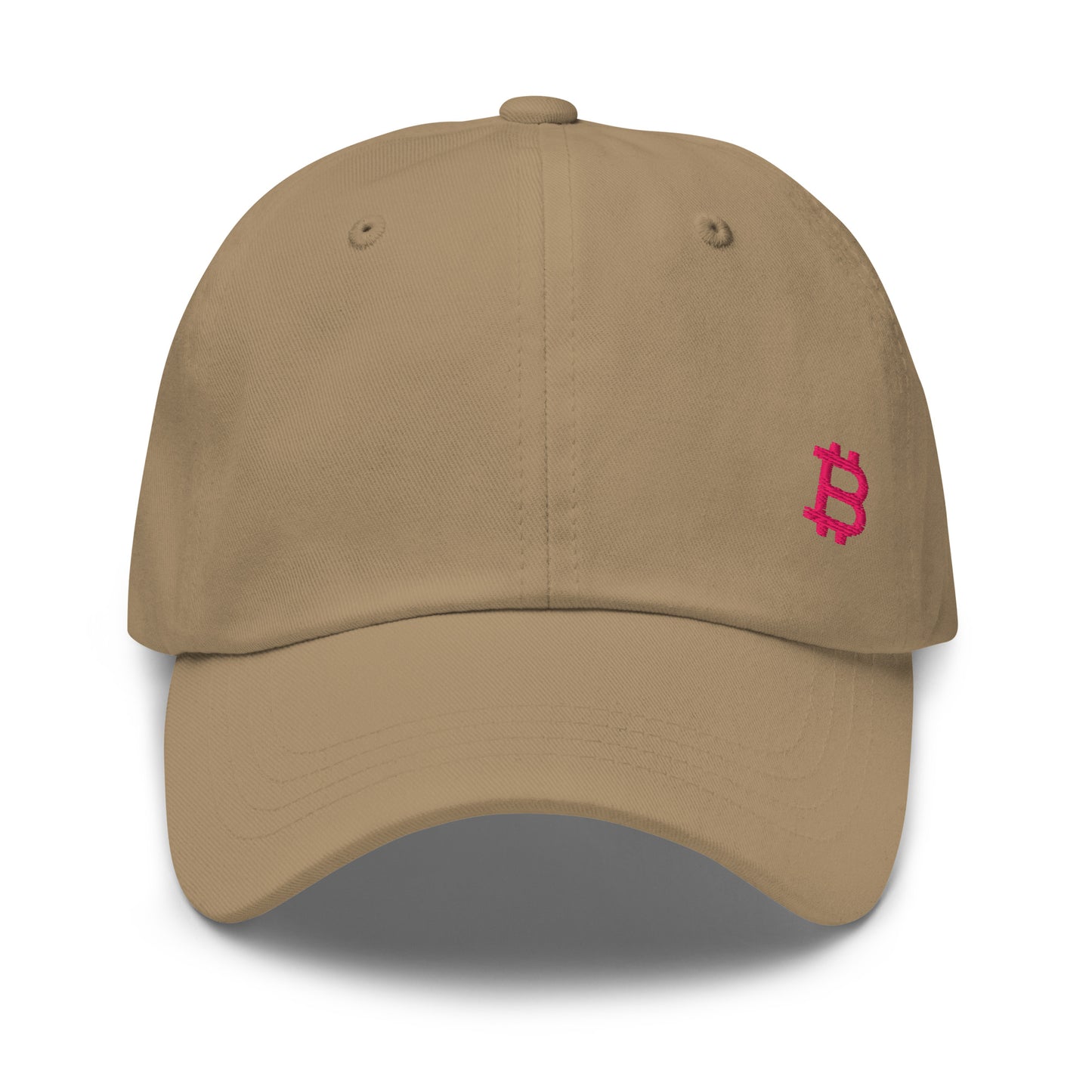 khaki dad hat with a pink Bitcoin B on it by Nikki Nakamoto at The Orange Habit