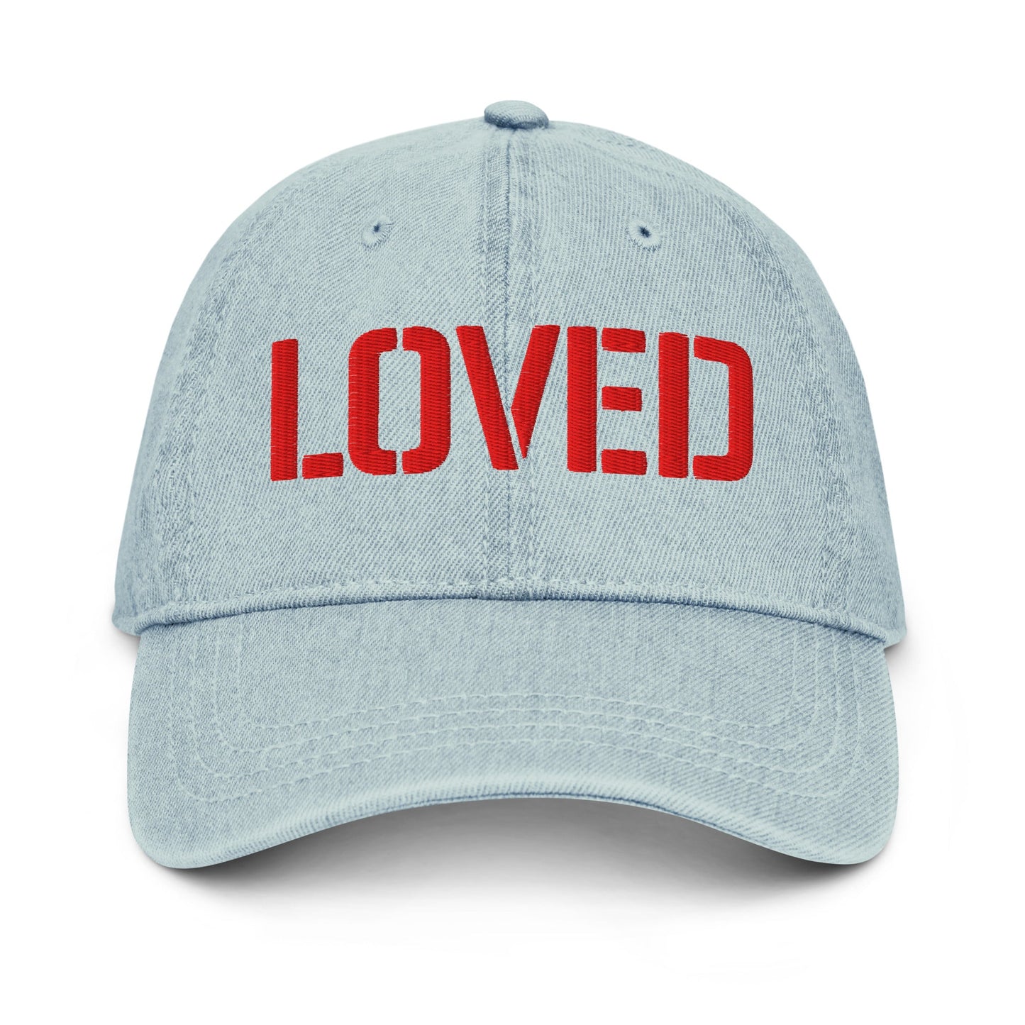 John 3:16 vintage denim hat with red loved embroidery by praise society