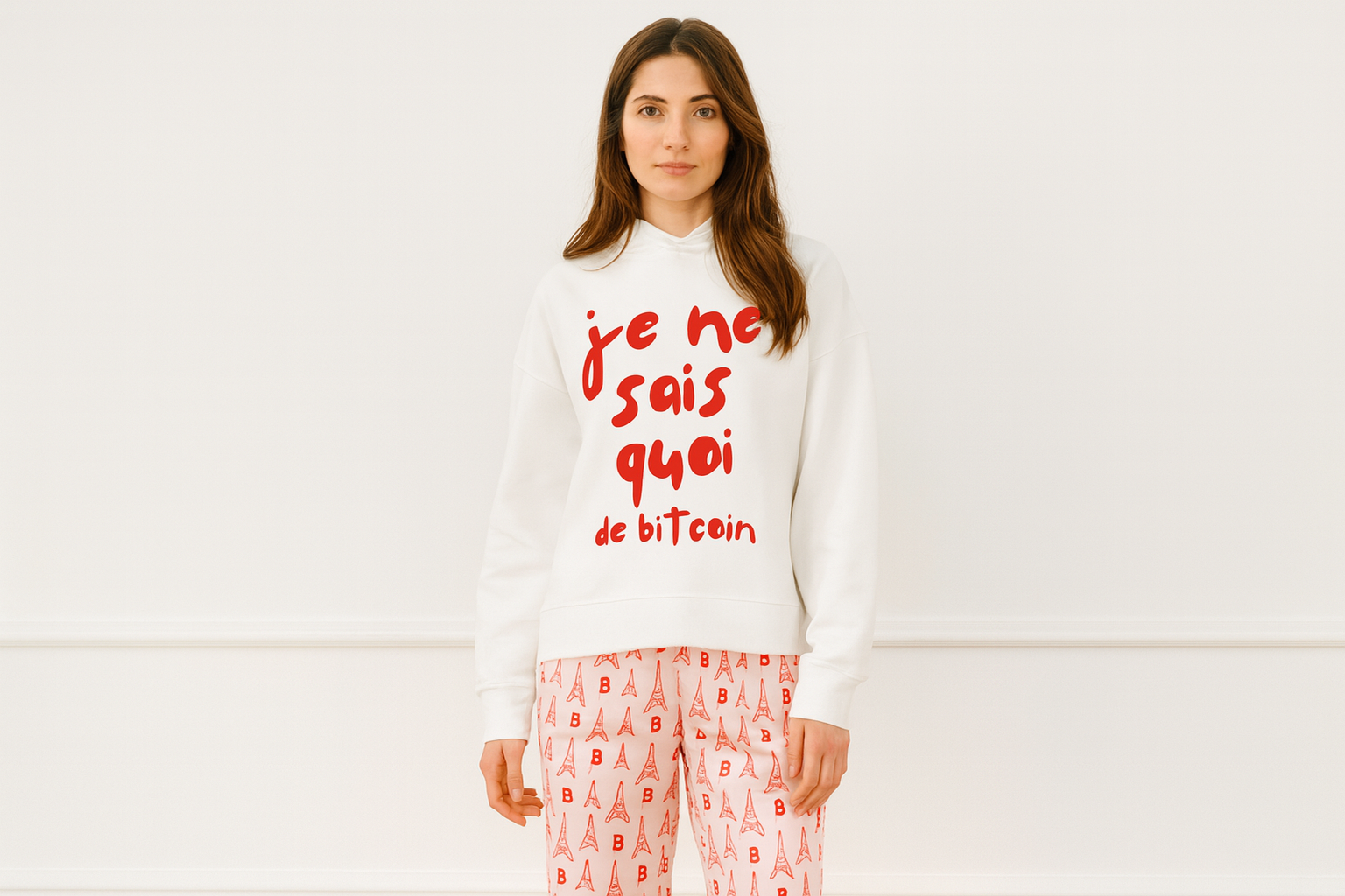Generated image of female model with corrected facial features wearing white "je ne sais quoi de bitcoin" hoodie with matching wide-leg pants