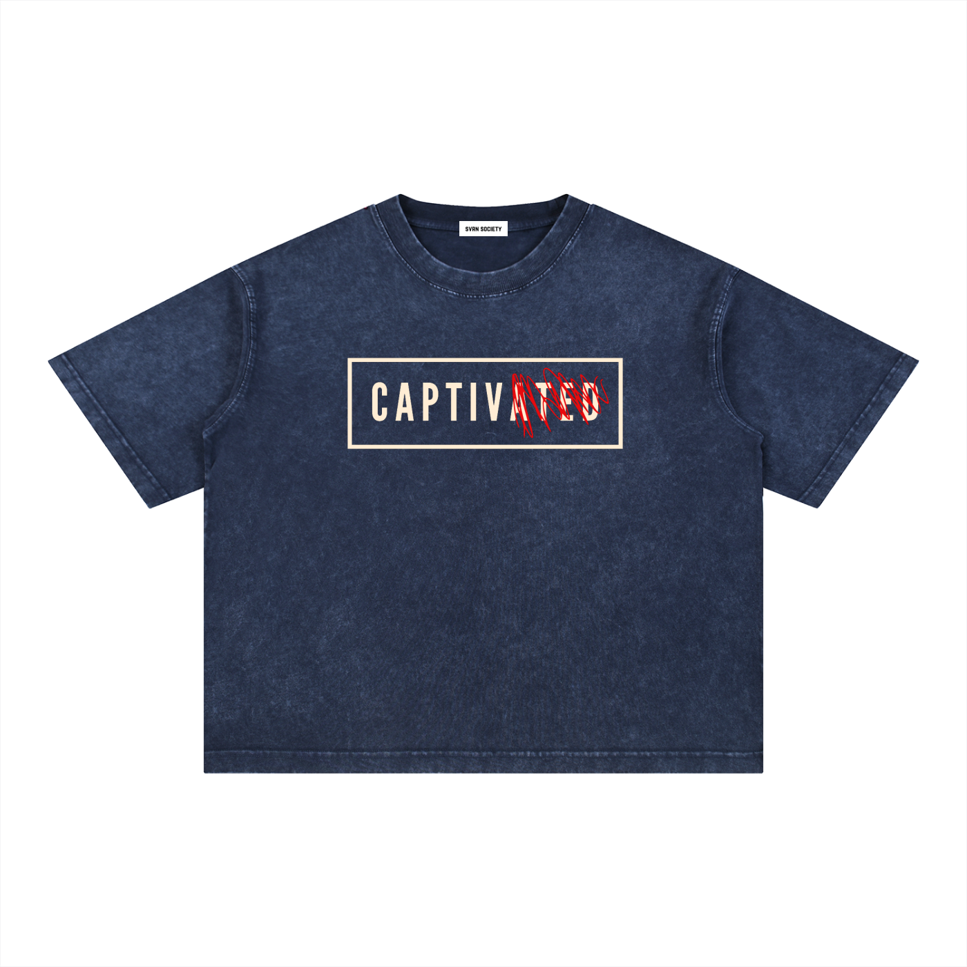 Navy blue t-shirt with 'CAPTIVATED' text on a white background