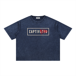 Navy blue t-shirt with 'CAPTIVATED' text on a white background