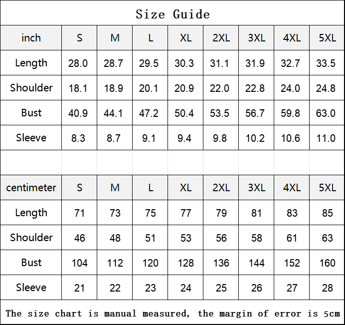 Size chart for clothing measurements in inches and centimeters with labeled columns for length, shoulder, bust, and sleeve.