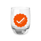 bitcoin whiskey glass with an orange checkmark and text on a white background