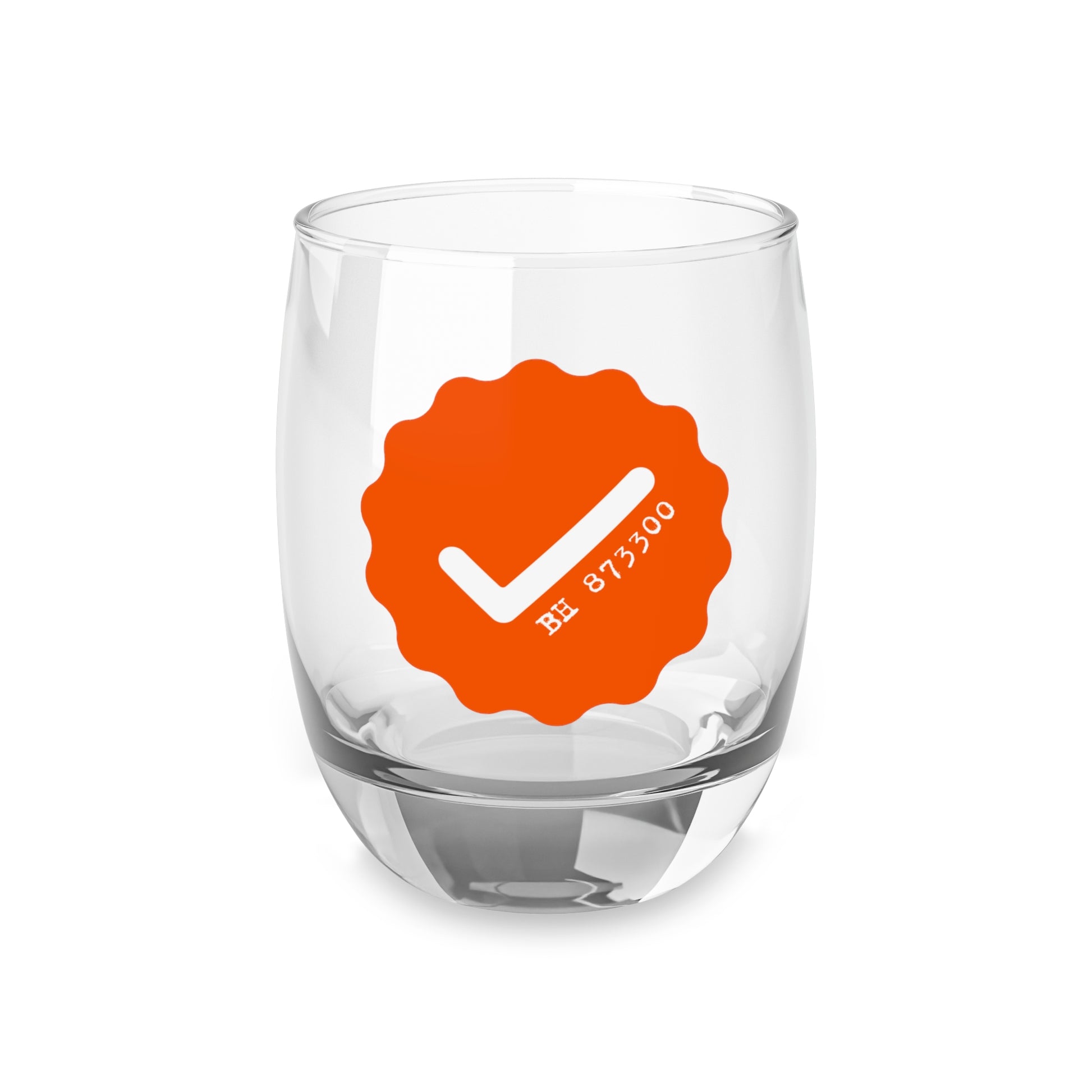 bitcoin whiskey glass with an orange checkmark and text on a white background