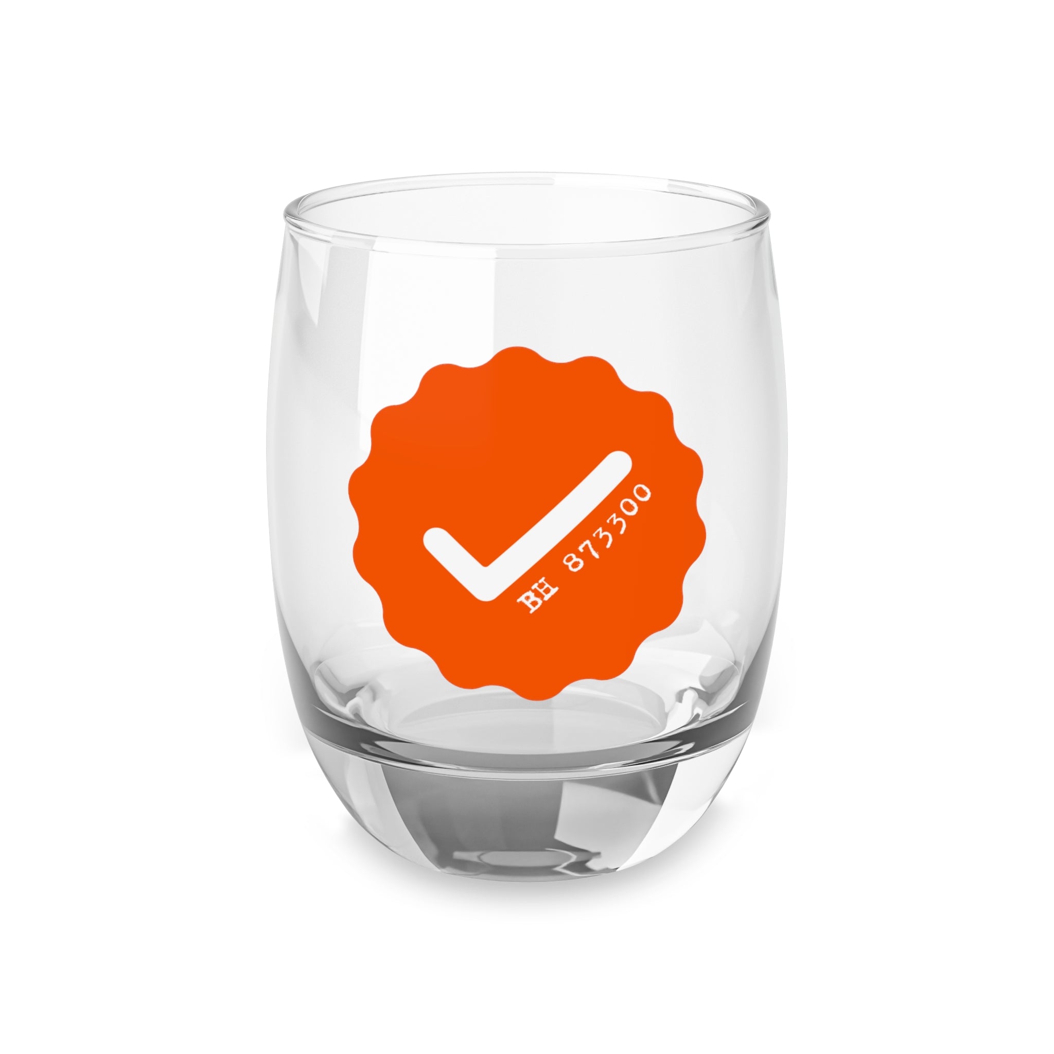 bitcoin whiskey glass with an orange checkmark and text on a white background