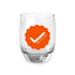bitcoin whiskey glass with an orange checkmark and text on a white background