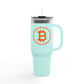 Light blue travel mug with Bitcoin logo on a white background
