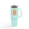 Light blue travel mug with Bitcoin logo on a white background