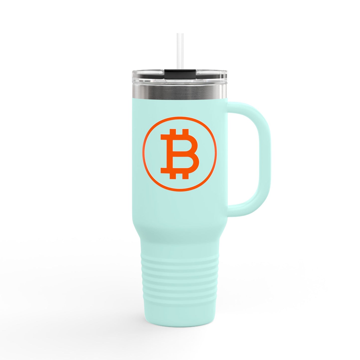 Light blue travel mug with Bitcoin logo on a white background