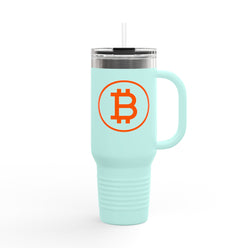 Light blue travel mug with Bitcoin logo on a white background
