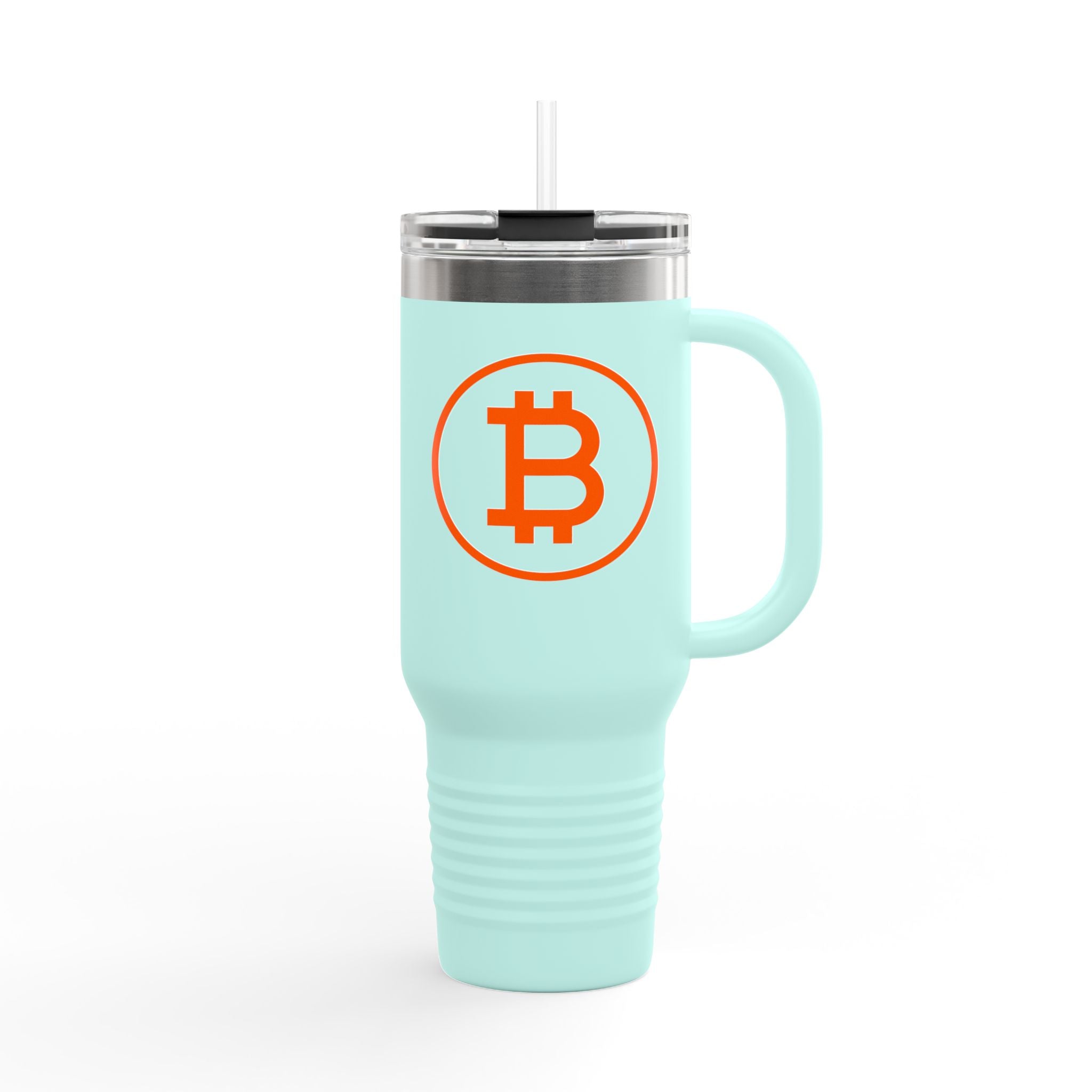 Light blue travel mug with Bitcoin logo on a white background