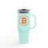 Light blue travel mug with Bitcoin logo on a white background