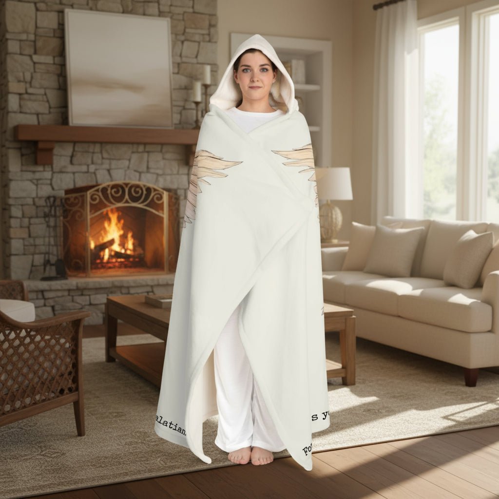 Person wrapped in a white blanket with geometric patterns on a white background