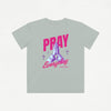 Light gray kids Christian t-shirt with pink and purple 'PRAY Everyday' graphic on a white background