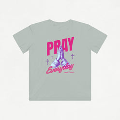 Light gray kids Christian t-shirt with pink and purple 'PRAY Everyday' graphic on a white background