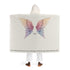 Person wearing a Praise Society hooded blanket with angel wings and Galatians 3:26 on a white background
