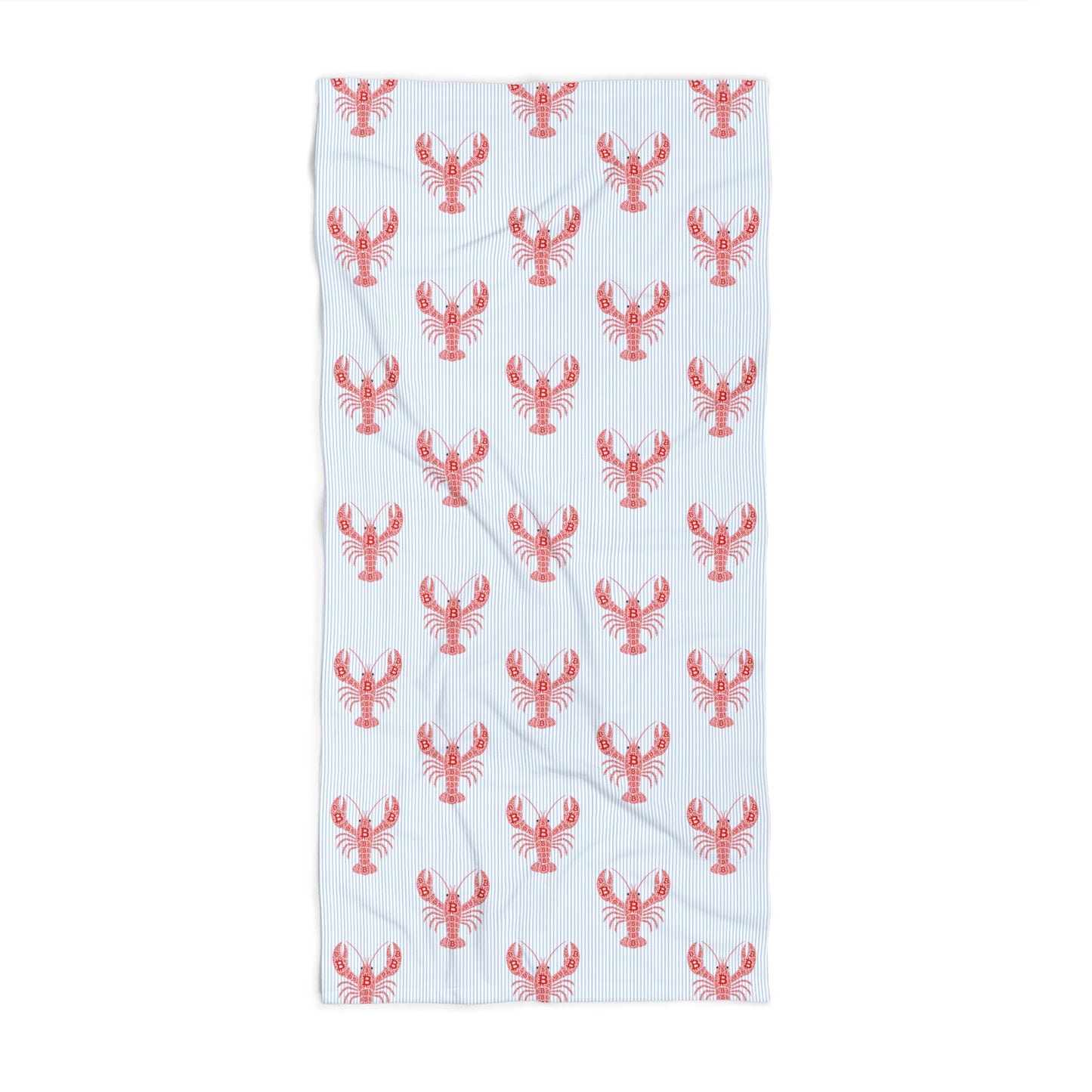 A rectangular Bitcoin towel with a repeating pattern of red lobsters, laid flat against a solid white background.