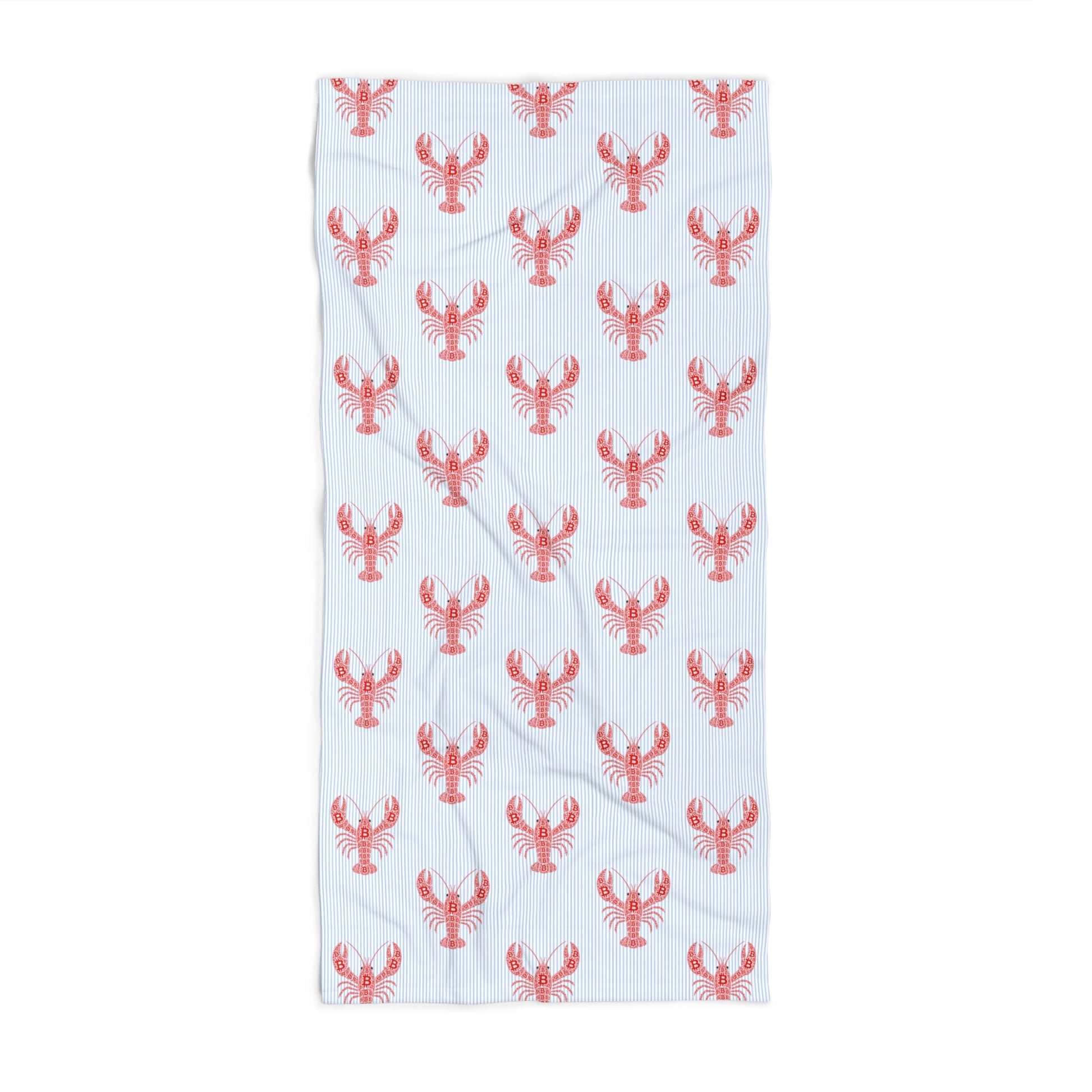 A rectangular Bitcoin towel with a repeating pattern of red lobsters, laid flat against a solid white background.