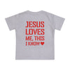 Gray toddler t-shirt by Praise Society with red text 'Jesus loves me, this I know' on a white background 