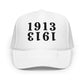 White bitcoin trucker cap with black 1913 text on a white background