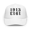 White bitcoin trucker cap with black 1913 text on a white background