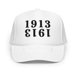 White bitcoin trucker cap with black 1913 text on a white background