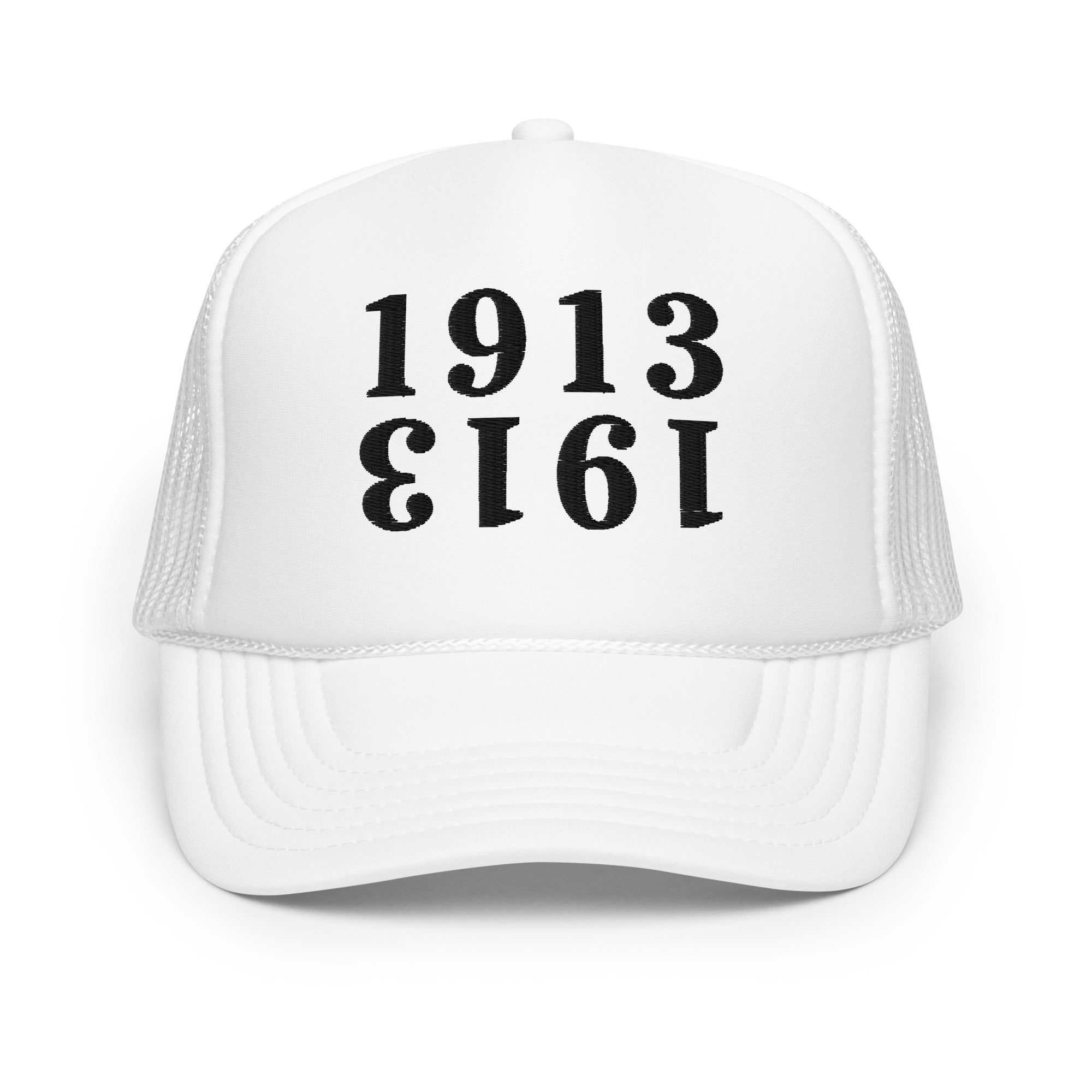 White bitcoin trucker cap with black 1913 text on a white background