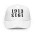 White bitcoin trucker cap with black 1913 text on a white background