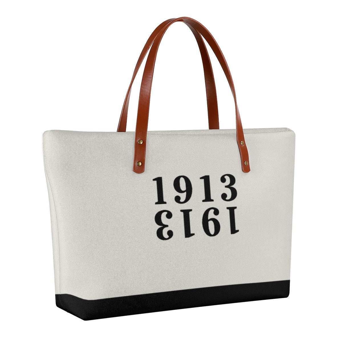 1913 Bitcoin Tote cream and black with brown leather straps available at the orange habit