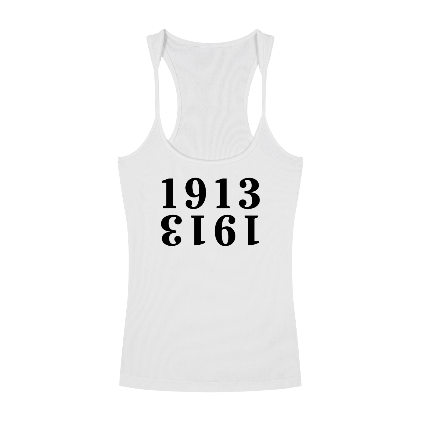 (White) Bitcoin tank top with black text '1913' on a white background