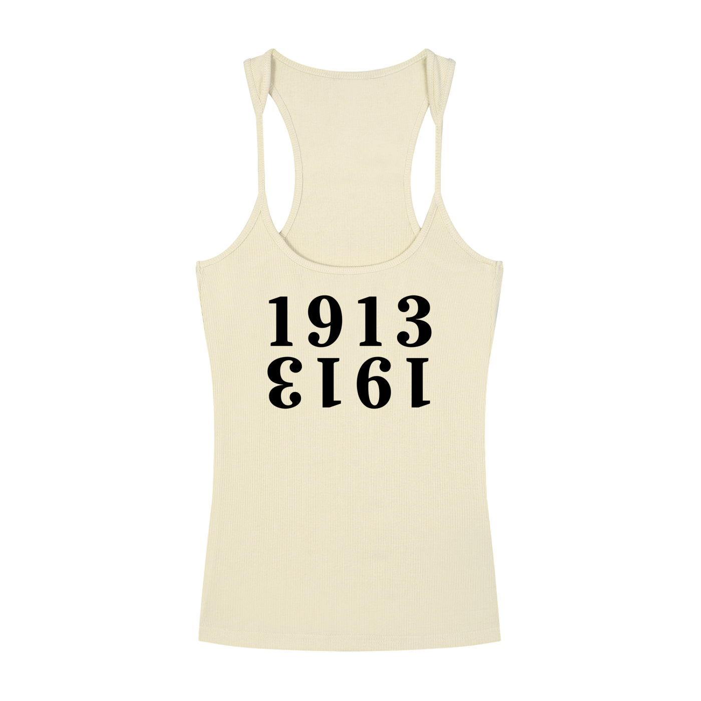 (apricot) 1913 tank top with black text on a white background