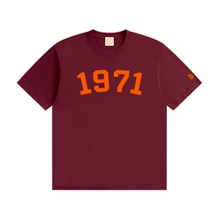Maroon t-shirt with '1971' printed in orange on a white background