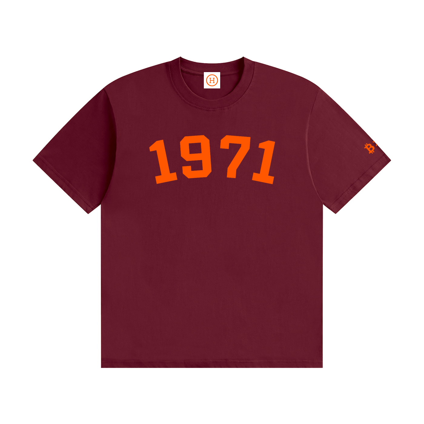 Maroon t-shirt with '1971' printed in orange on a white background
