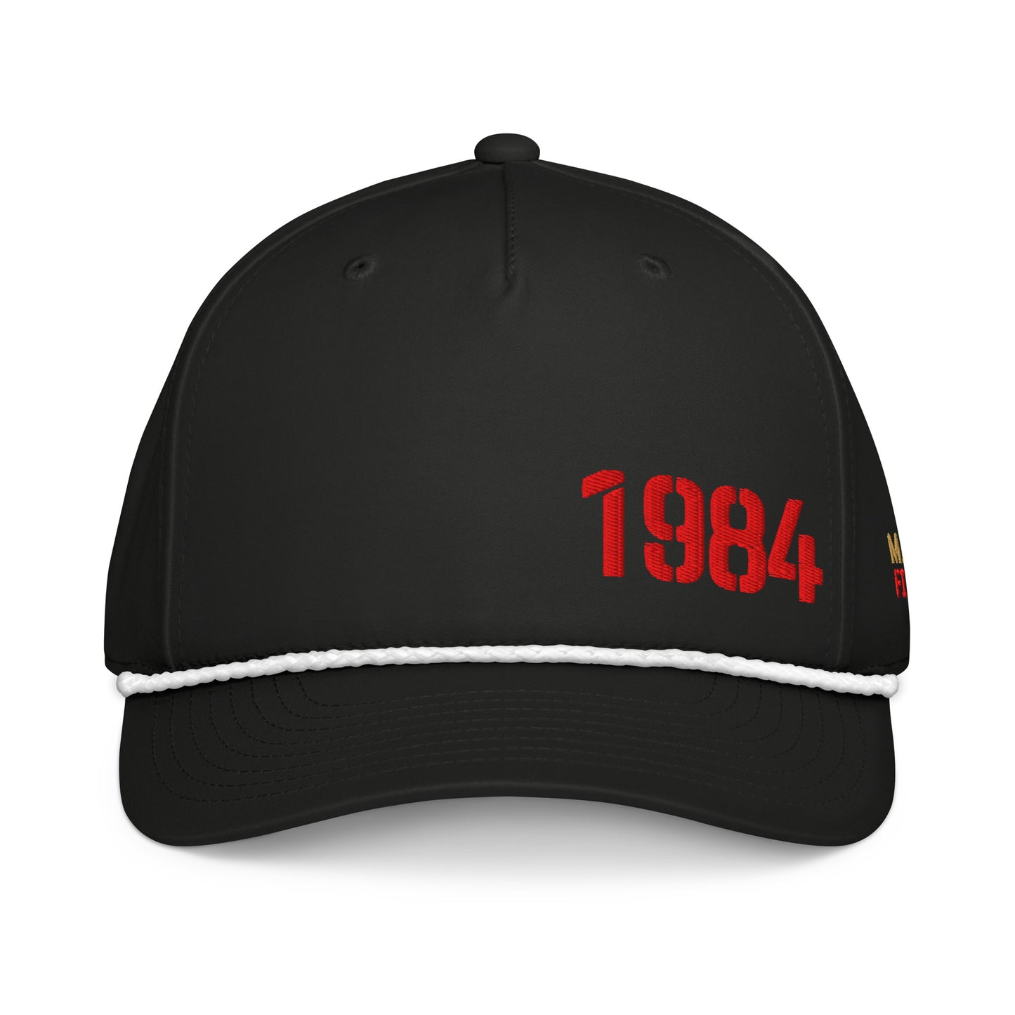 Black cap with '1984' in red on a white background