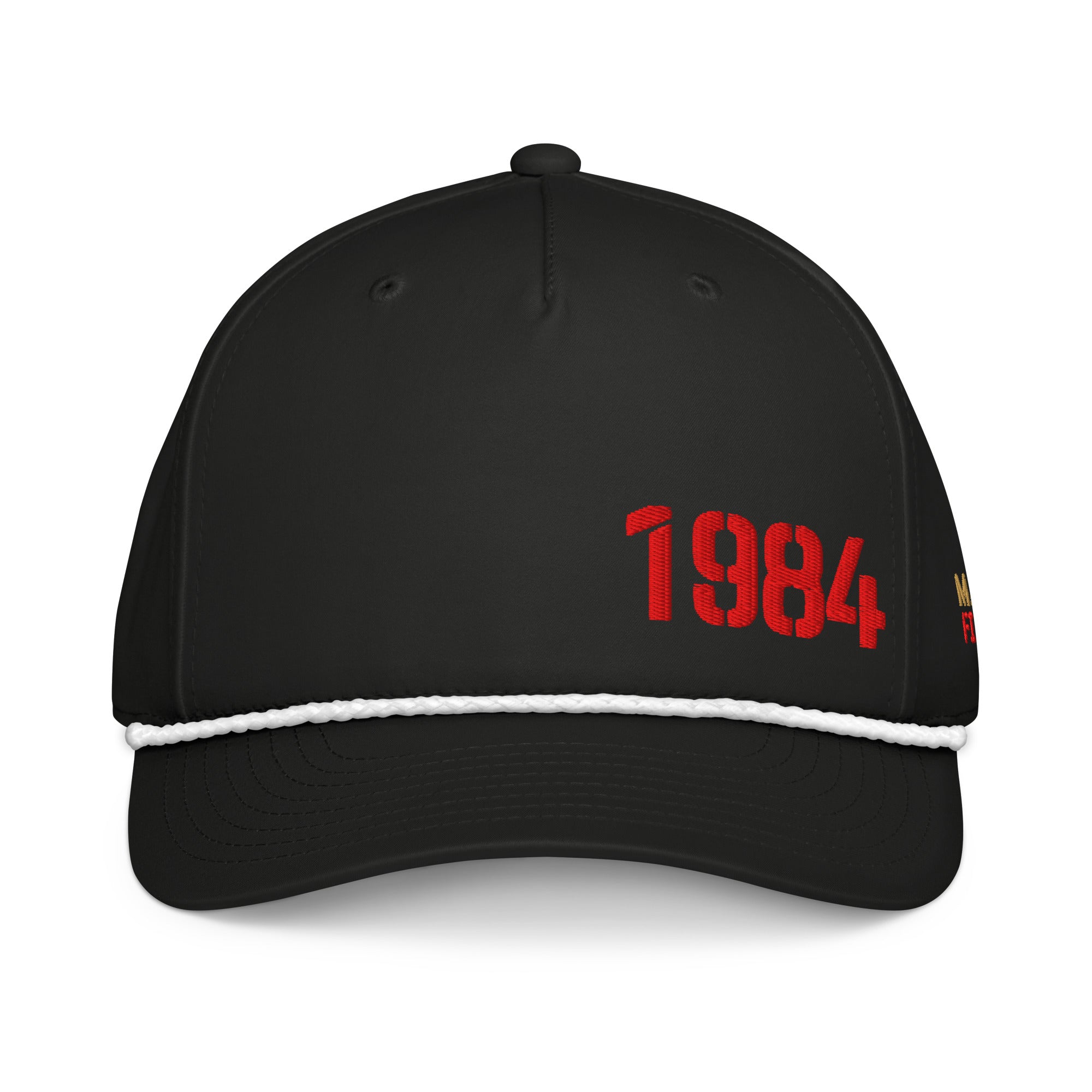 Black cap with '1984' in red on a white background