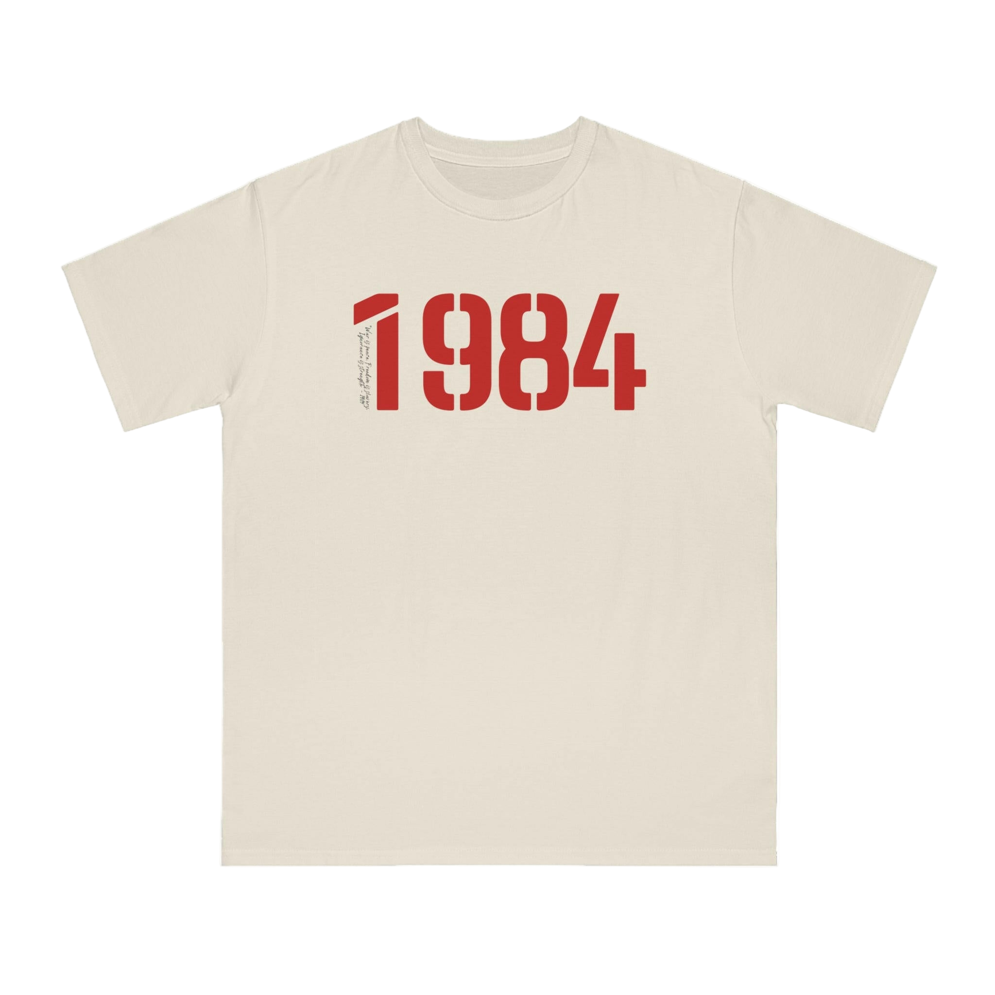 Beige t-shirt with red '1984' text on a white background