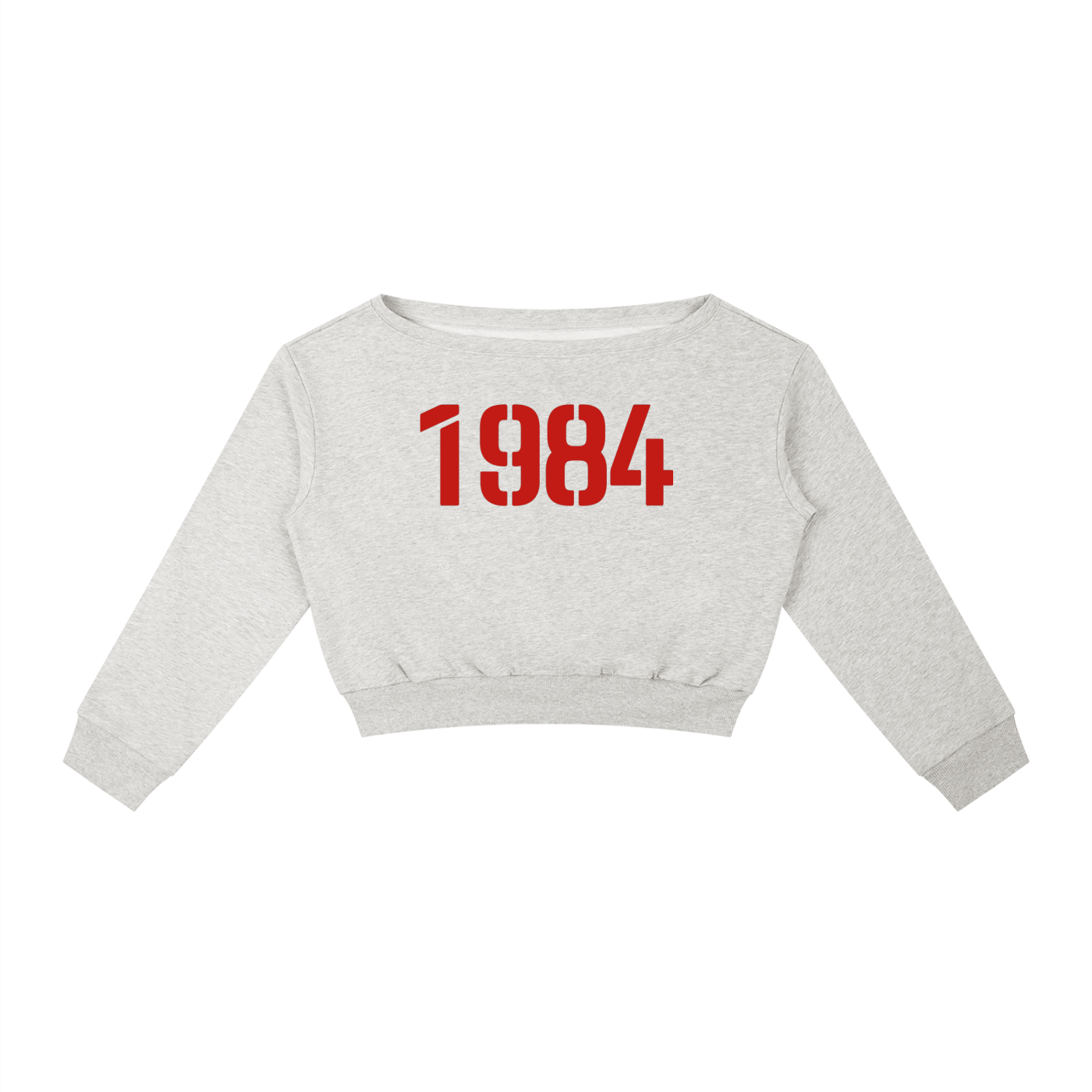 Gray cropped sweatshirt with '1984' printed in red on a white background