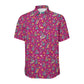 Short-sleeve bitcoin shirt with colorful dinosaur pattern on a pink background