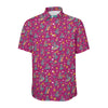 Short-sleeve bitcoin shirt with colorful dinosaur pattern on a pink background