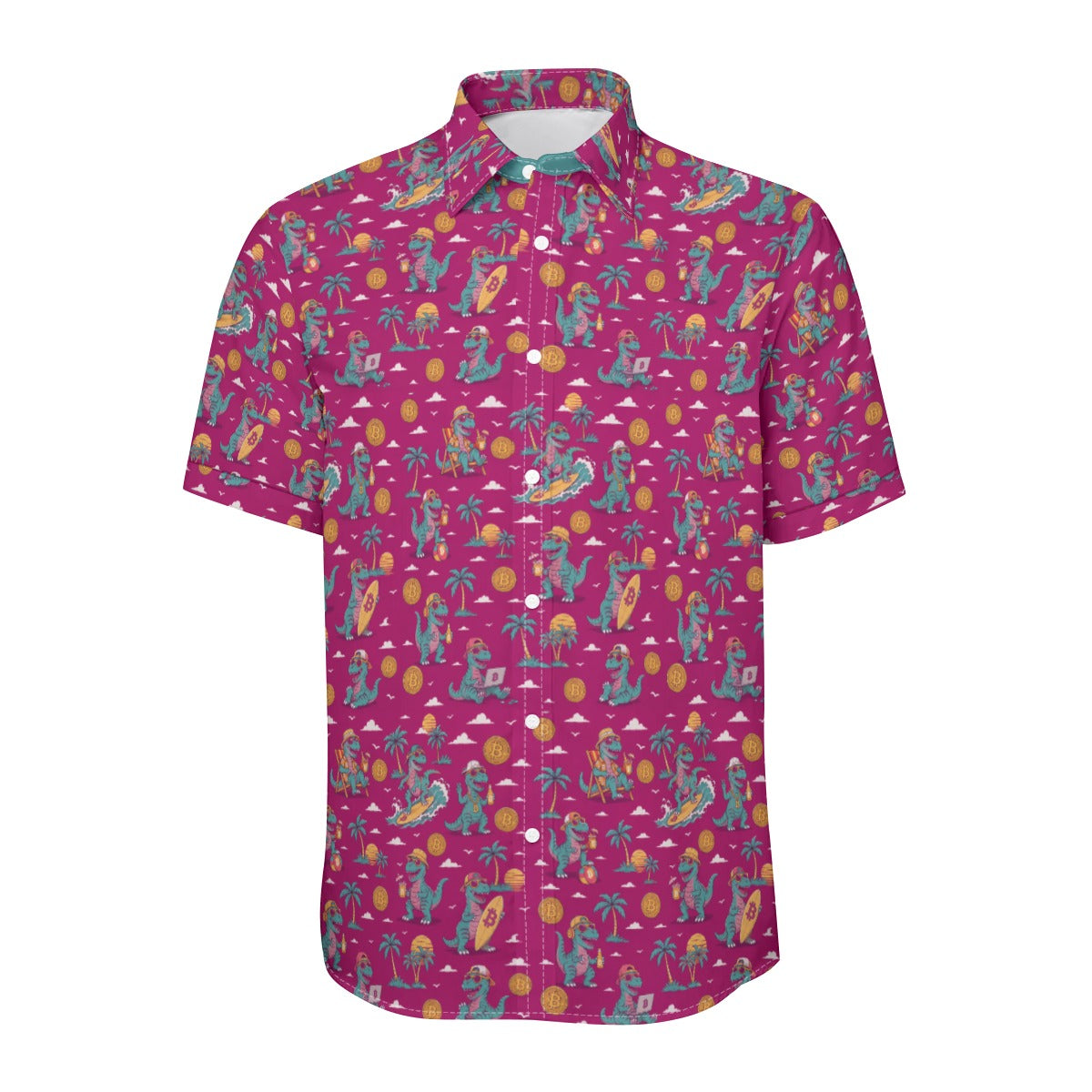 Short-sleeve bitcoin shirt with colorful dinosaur pattern on a pink background