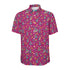Short-sleeve bitcoin shirt with colorful dinosaur pattern on a pink background