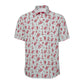 Short-sleeve Bitcoin shirt with red pattern on a light aqua background