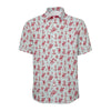 Short-sleeve Bitcoin shirt with red pattern on a light aqua background