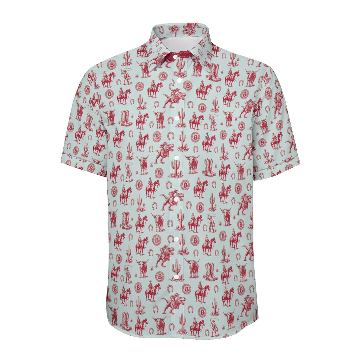 Short-sleeve Bitcoin shirt with red pattern on a light aqua background