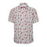 Short-sleeve Bitcoin shirt with red pattern on a light aqua background