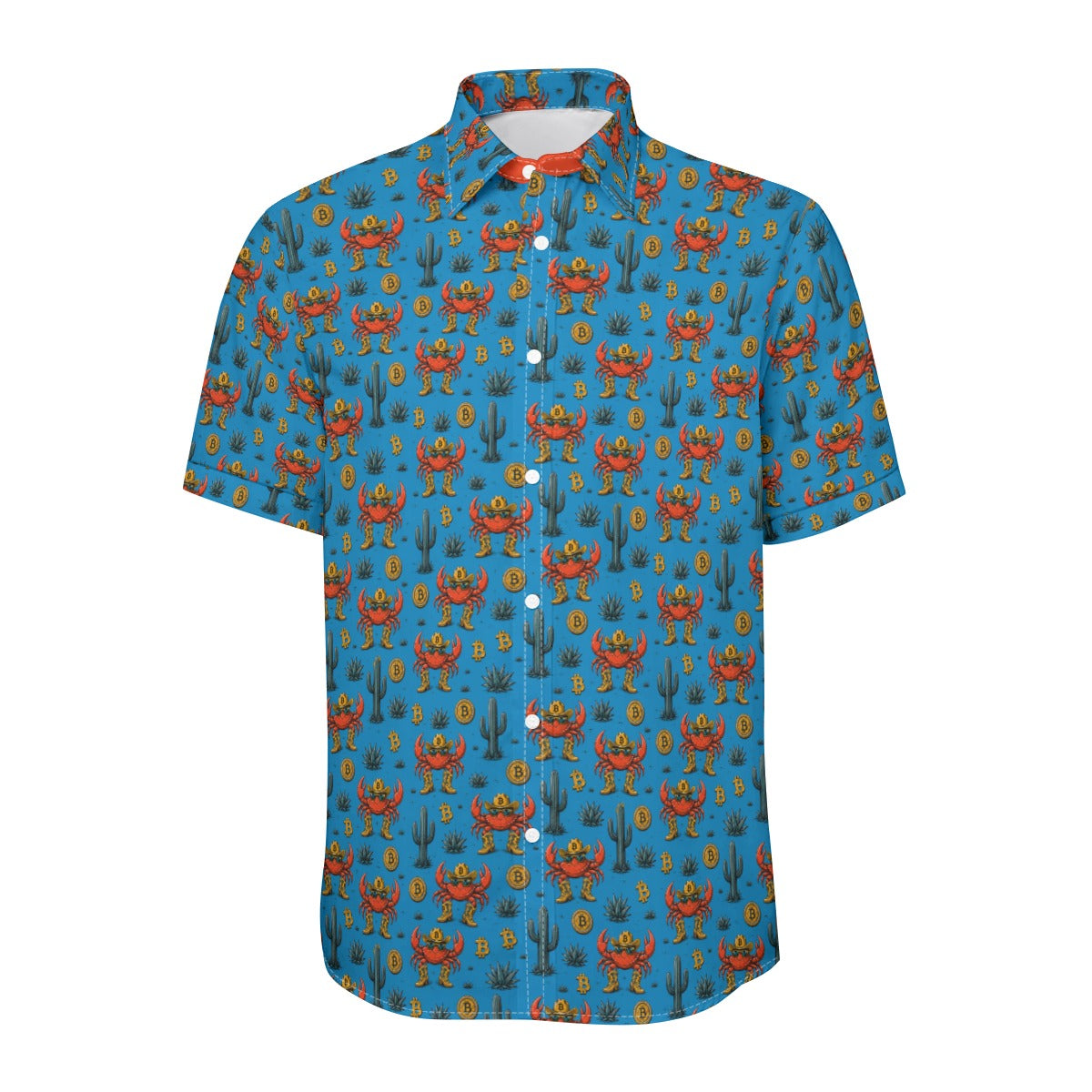 Short-sleeve Bitcoin shirt with a colorful crab pattern on a white background