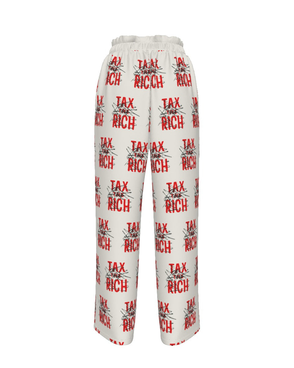 back of cream pants with 'Tax Rich' text pattern on a white background